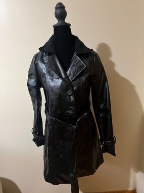 Black Faux Leather Double-Breasted Trench Coat with Sherpa Collar